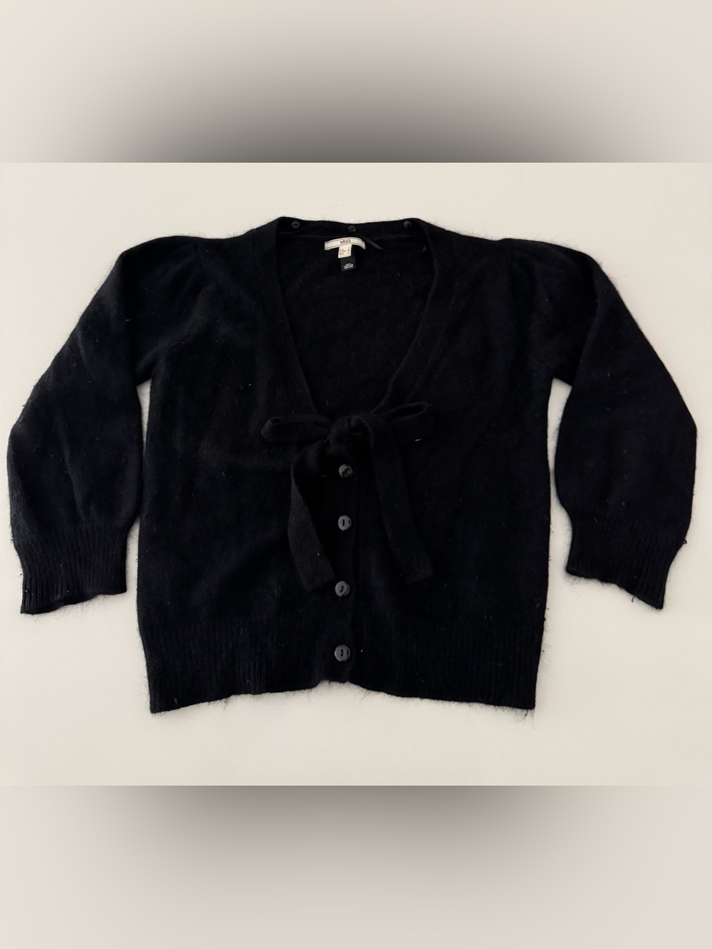 Vintage Mango MNG Black Angora Wool Blend Knit Tie-Front Bow Cardigan Sweater